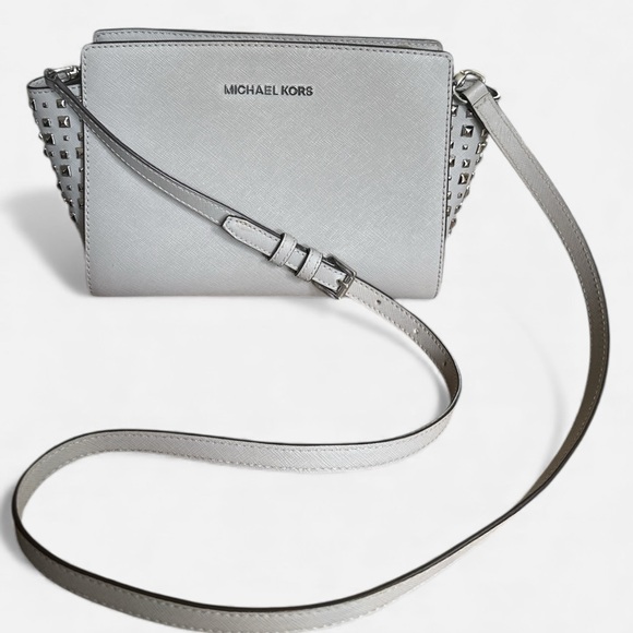 Michael Kors Silver Studded Saffiano Leather Crossbody | Chic & Edgy Glam - Picture 3 of 15